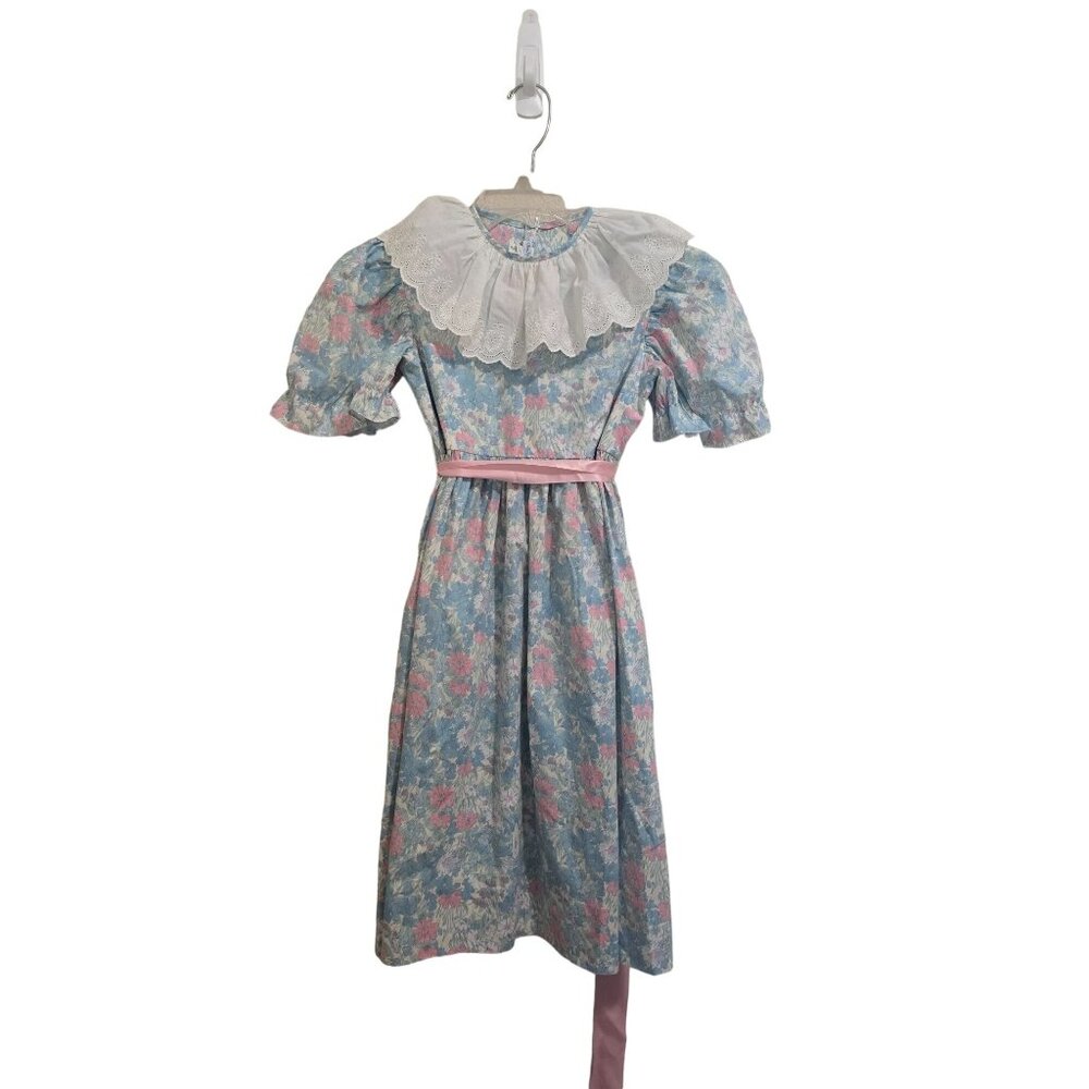 Vintage 90s Alisa Jarrett Floral Dress With Lace Collar & Pink Ribbon Tie Size 7